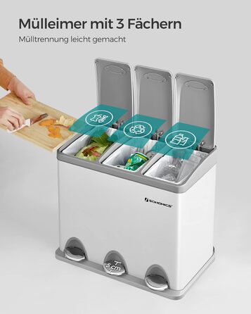 Сортувальний смітник для кухні SONGMICS, 3 x 8 л, стальний педальний бак з кришкою, три секції, біло-сірий, для невеликих сімей