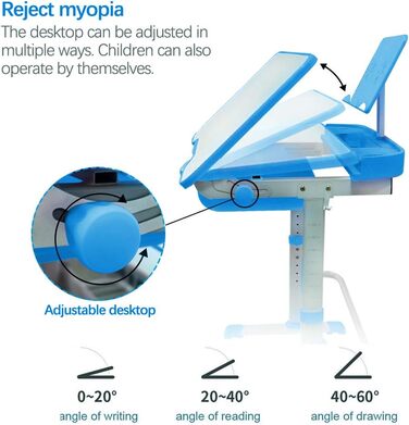 Дитячий письмовий стіл і набір стільців Yinleader, регулюється за допомогою лампи захисту очей, підставка для книг, світло-блакитний