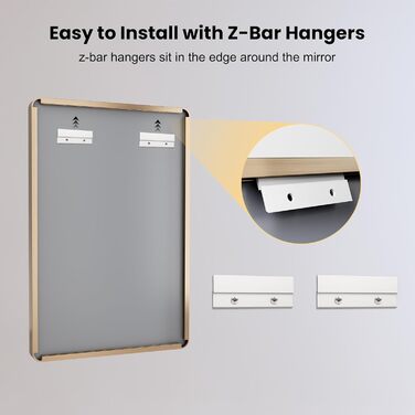 Дзеркало для ванної кімнати LOAAO 61 x 91.4 см, золотий колір, заокруглений прямокутний каркас, антикорозійне скло, для монтажу на стіну, вертикальне або горизонтальне розміщення