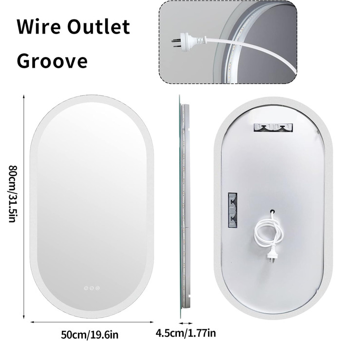 Дзеркало для ванної кімнати LUVODI овальне зі світлом, 50x80 см: LED, сенсорне керування, антизапар, 3 кольори, регулювання яскравості, пам'ять