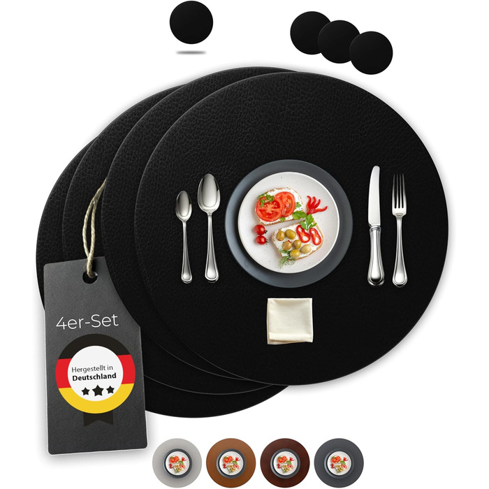 Набори серветок Garnier® з еко-шкіри, 4 шт. – миючі, стійкі, з антиковзаючою поверхнею – з екологічної переробленої шкіри, Made in Germany (круглі, чорні)