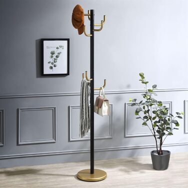 Металева вішалка для одягу IDIMEX Mila з 8 гачками, чорно-золота, з підставкою для капелюхів