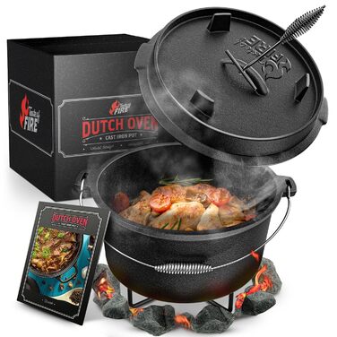 Набір чавунного казана BBQ Dutch Oven [Das Original] 10,8 л з підставкою, кришкою-грилем 2,2 л, піднімачем та електронною книгою