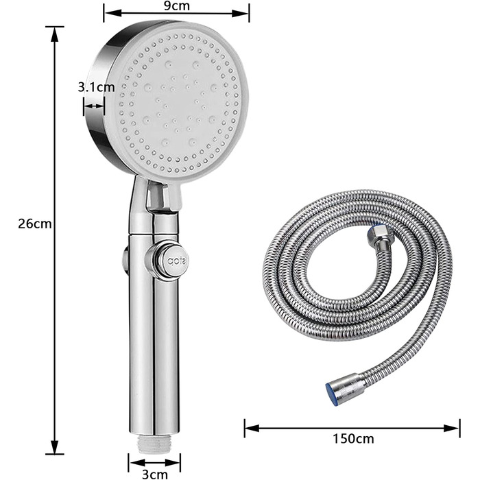Водозберігаюча насадка для душу KLGFI зі шлангом, 1,5-метровий шланг для насадки для душу з заглушкою для води 5 режимів, насадка для душу високого тиску діаметром 9 см, ручний душ для ванної кімнати (сріблястий)