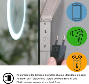 Дзеркало для ванної кімнати LISA LED 80x60 см з підсвічуванням, розеткою та годинником. Сенсорне регулювання, 3 кольори світла, антизапар.