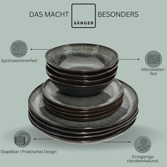 Набір посуду SÄNGER Teller Set Kopenhagen 24 шт. з кераміки для 8 осіб, сервіз включає тарілки для їжі, сніданку та супу, набір тарілок для обіду, стійкий до миття в посудомийній машині, зелений, сірий | PREMIUM COLLECTION 24 шт.