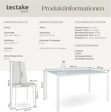 Набір меблів для кухні tectake: стіл та 4 стільці, білий колір, стільниця з безпечного скла, стільці з міцної екошкіри