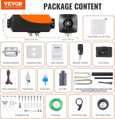 Автономний дизельний опалювач VEVOR 8 кВт, 12V, з LCD-дисплеєм та пультом ДУ, Bluetooth, 0.16-0.62 л/год, оранжевий