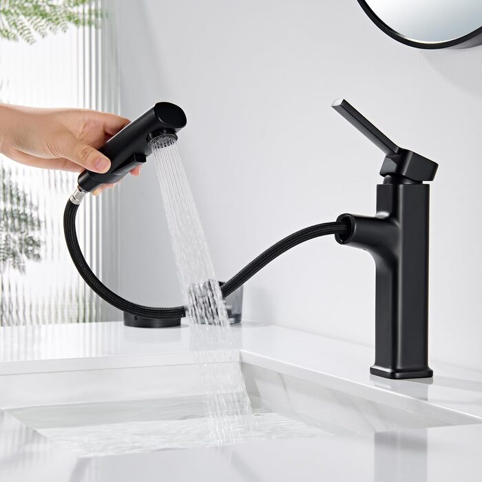Чорний змішувач для ванної кімнати з висувною лійкою, однорегуляторний, для холодної та гарячої води
