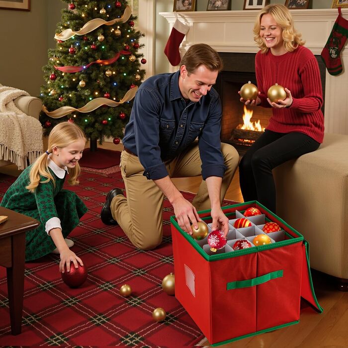 Коробка для прикрас на ялинку з 128 відділеннями, XL, з кришкою та додатковими кишенями, оксфордська тканина, червоно-зелена сітка