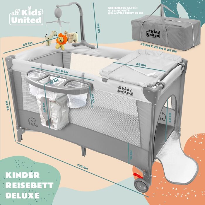 Дитяче ліжко-манеж All Kids United® для подорожей з матрацом, пеленальним столиком, музичним провідником та мобілем (сірий)