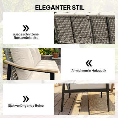 Розкішний садовий диван на 3 особи з ротангу, знімними подушками, імітацією дерев'яних підлокітників та сталевим каркасом. Колір: хакі.