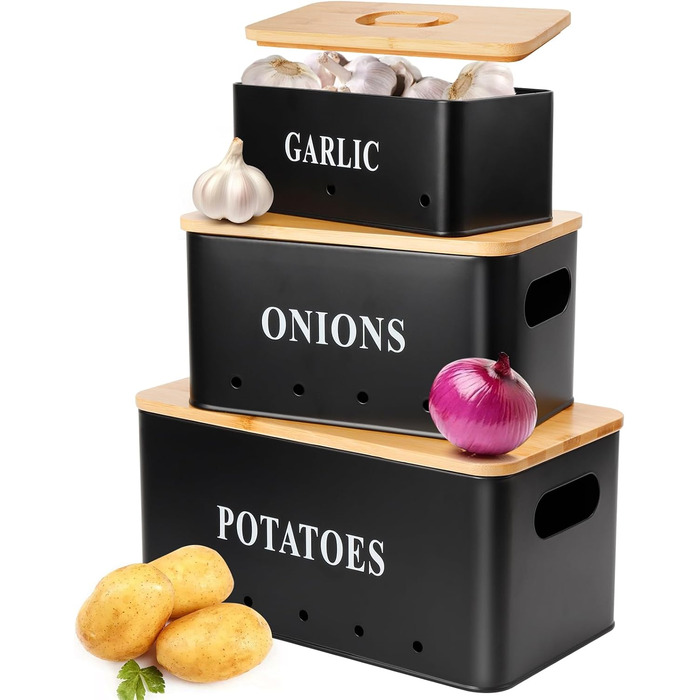 Набір контейнерів для зберігання картоплі, цибулі та часнику [3 шт] з бамбуковим кришками | З вентиляцією та захистом від світла | Чорний
