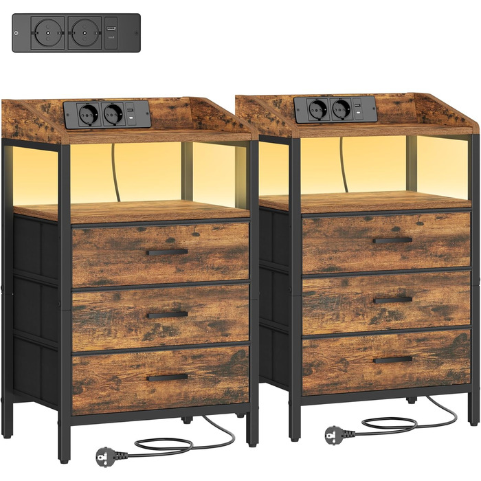 Приліжкові тумбочки Hzuaneri з LED-підсвічуванням та функцією зарядки, 2 шт. (Вінтаж коричнево-чорний), 3 висувні ящики з тканини, USB-порти та розетки для спальні/вітальні