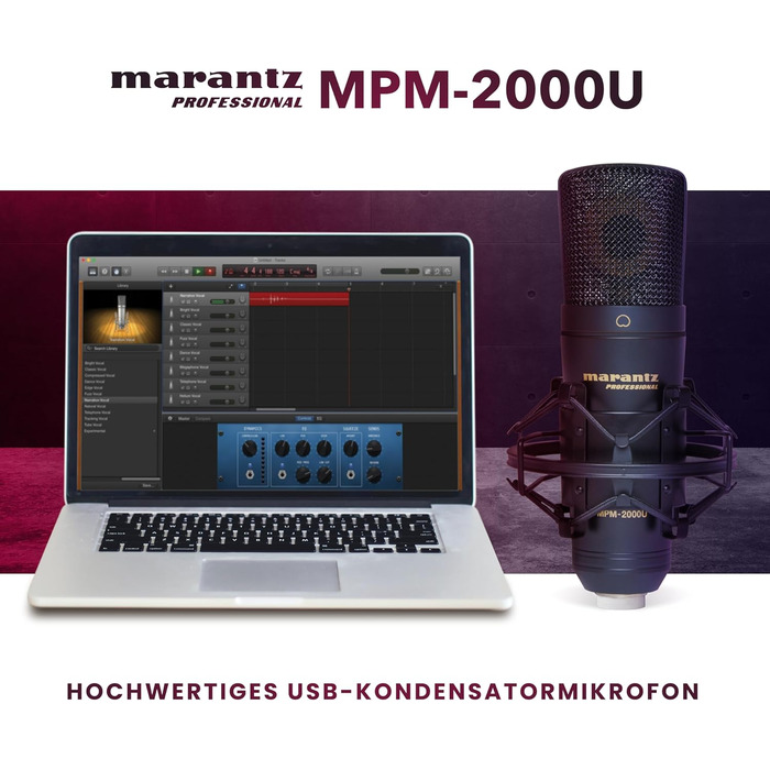 Мікрофон конденсаторний Marantz Professional MPM-1000U з великою мембраною, USB, нирковий характер, для подкастів, студії, геймінгу, з кабелем USB та кріпленням для мікрофона
