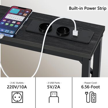 VEDECASA Консоль з 2 висувними ящиками, 2 шт. (240 x 15 x 80 см), зі стільницею, розеткою та USB-портами, чорний – для вітальні, передпокою, офісу