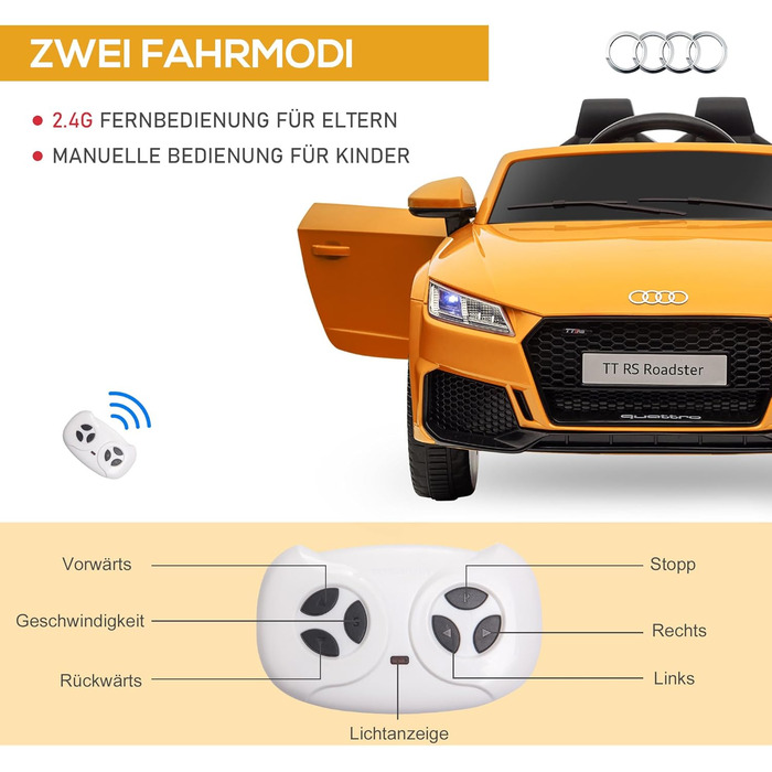 Дитячий електромобіль HOMCOM 12V з пультом, музикою, LED, USB/MP3, для дітей 3-5 років, жовтий