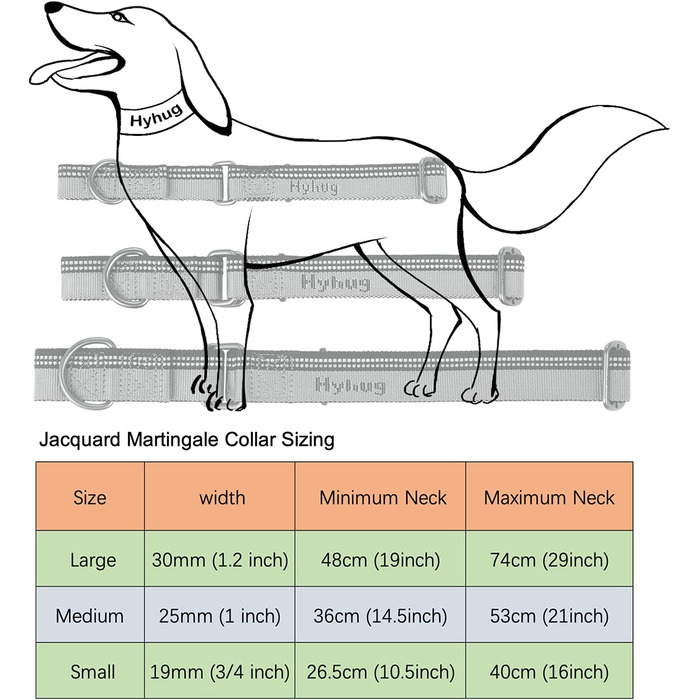 Класичні нейлонові Нашийники Hyhug Martingale нашийник для собак із захистом від втечі. 3-метрова світловідбиваюча смуга, зручне регулювання, безпечна нічна прогулянка (великий розмір,) (Маленький Ширина 19 ммДіапазон регулювання 26,5 см-400 см, максималь