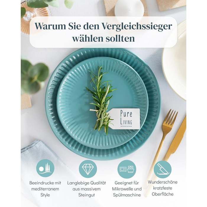 Набір посуду Steingut Hygge 24 елементи (6 осіб), Petrol - Набір посуду з каменю, Тарілки та миски, Pure Living