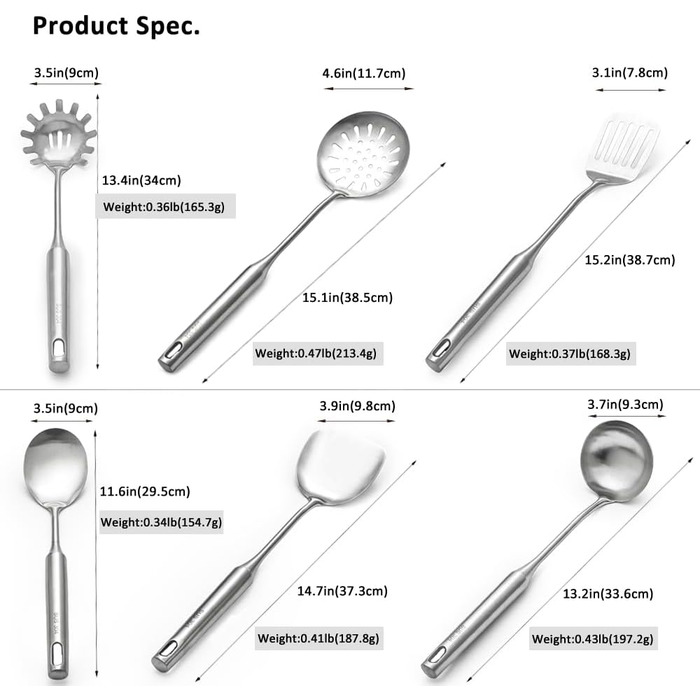 Набір кухонного начиння з нержавіючої сталі 304, 6 предметів: лопатка, ложка для супу та інше