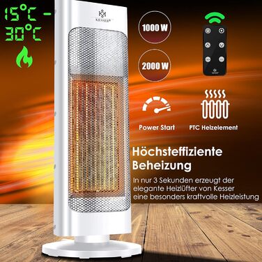Обігрівач KESSER® 2000W з пультом керування, тихий, енергозберігаючий, керамічний, з осциляцією 80°, таймером 24 год, білий