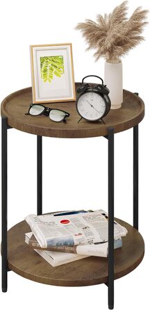 Журнальний столик круглий, Журнальний столик з 2 полицями, Стіл для вітальні зі знімною стільницею, Приліжкова тумбочка Диванний стіл Телефонний стіл для вітальні Спальня, МДФ метал, BTS06hei (вінтажне дерев'яне зерно)