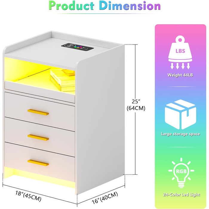 Набір тумбочок Lvifur з 2 шт. , світлодіод, 24 кольори, з можливістю затемнення, 3 шухляди, USB-C, сенсор, білий