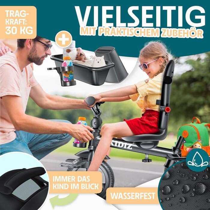 Дитячий триколісний велосипед KIDIZ 6-в-1: з ручкою, кошиком, сонцезахисним дахом, до 25 кг, сірий