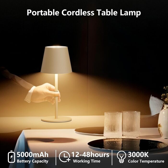 LED настільна лампа Lundwa на акумуляторі 26 см, 5000 мАг, 3W, 3000K, IP54, для кемпінгу, ресторану, спальні, бару (1 шт.)