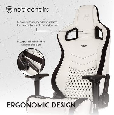 Крісло ігрове Noblechairs Epic, офісне, для роботи, PU-шкіра, з подушкою, білий/чорний