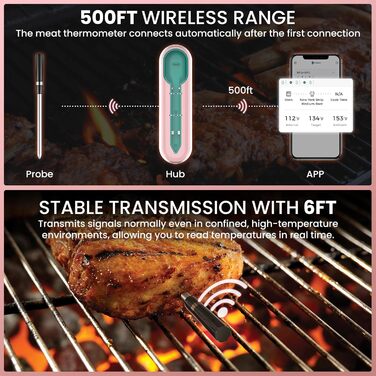 Бездротовий термометр для м'яса для гриля та копчення, 500FT, розумний датчик температури для BBQ, духовки, гриля, коптильні, Sous Vide (рожевий)