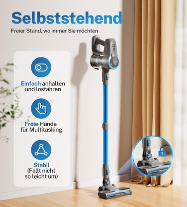 Бездротовий акумуляторний пилосос для дому, 25000Pa, 175W, 50 хвилин роботи, антизаплутана щітка, самостійна парковка, легкий, для килимів, твердих поверхонь, шерсті тварин (блакитний)