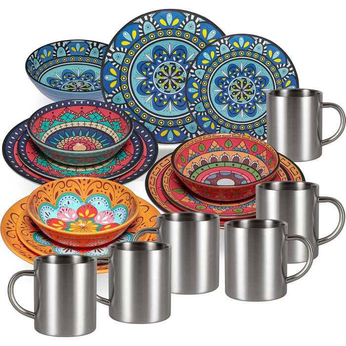 Набір посуду з меламіну Тоскана Пастель (16 частин) - BUNT, з мандала-орнаментом. Підходить для миття в посудомийній машині. Ідеально для кемпінгу, подорожей, пікніків та вечірок на природі. Включає: тарілки, миски, чашки з нержавіючої сталі.
