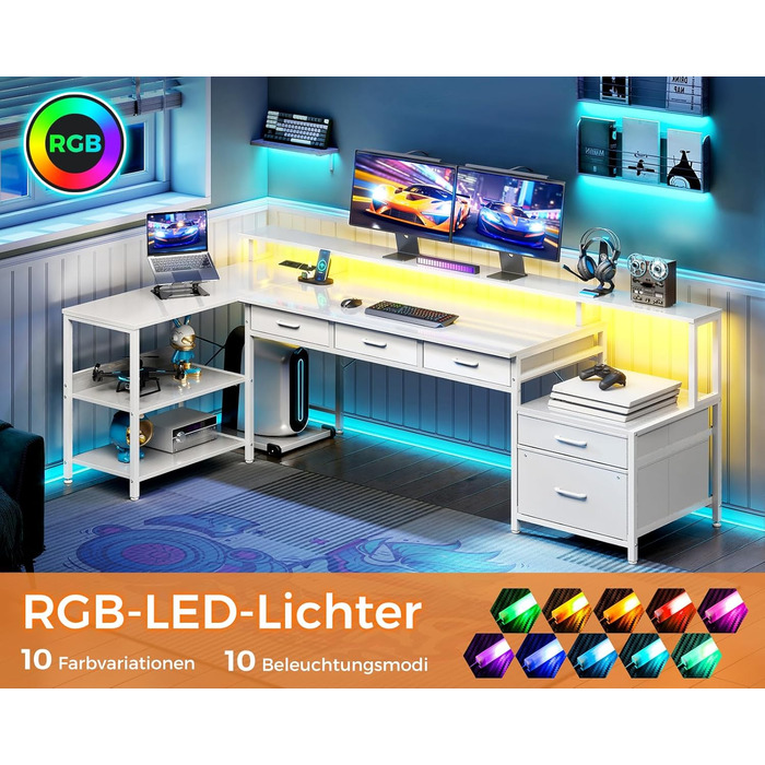 Комп'ютерний стіл кутовий Coleshome з шухлядами, 195x100 см, з розеткою, LED-підсвіткою та підставкою для монітора, реверсивний, з полицею для офісу