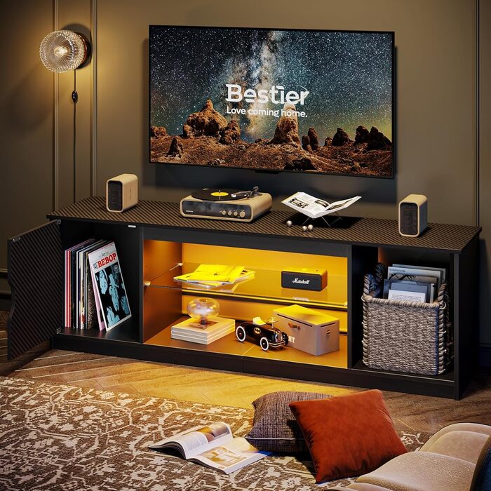 Тумба під телевізор Bestier 145x35x52 см для телевізорів до 65 дюймів з RGB LED-підсвічуванням (22 кольори) та регульованими скляними полицями - низький комод для вітальні, спальні (чорний карбон)