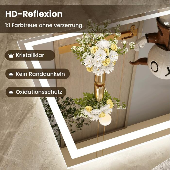 LED дзеркало для ванної кімнати 60x80 см з підсвічуванням, сенсорне керування, регулювання яскравості, 3 кольори світла, антизапар, IP44, вертикальна/горизонтальна орієнтація