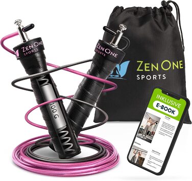 Скакалка ZenRope, швидкісна скакалка з шарикопідшипником, професійна скакалка для дорослих, регульована по довжині, з урахуванням ваги і ваги. Додатковий сталевий трос, електронна книга, керівництво по посадці і сумка, Довжина троса 3 м (рожевий)