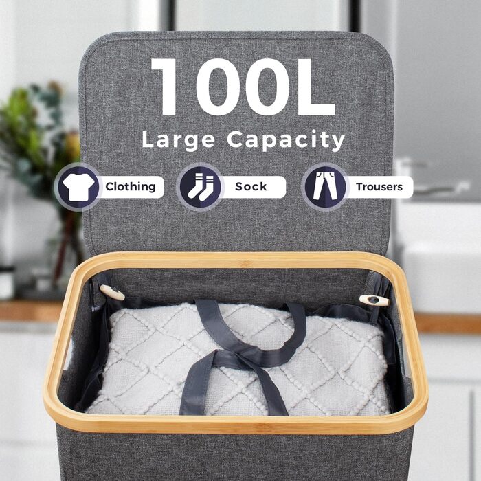 Кошик для білизни Rieeyrslza з кришкою, 158 л, бамбук, 2 мішки, Oxford, складний, сортувальник, для ковдр та одягу (сірий)