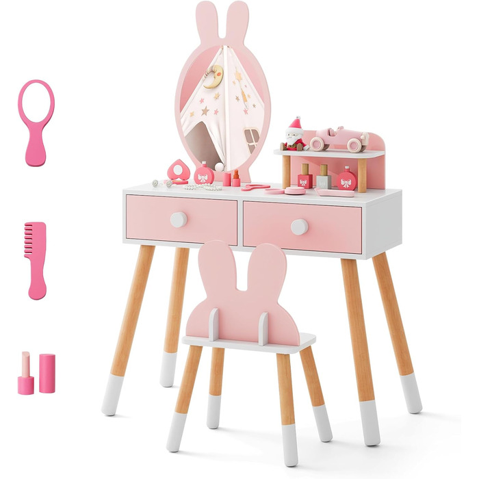 Дитячий туалетний столик COSTWAY з дизайном зайчика, 2-в-1 з дзеркалом, 2 шухляди та полиця, комплект для макіяжу з масивними дерев'яними ніжками для дівчаток (Рожевий)