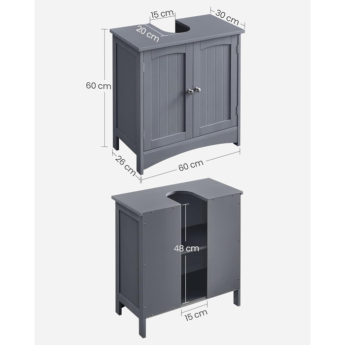 Тумба під умивальник, 2 двері, регульована полиця, стиль кантрі, 60x30x60 см, сірий
