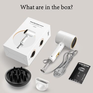 Компактний іонізуючий фен для волосся 2000W, складаний дорожній фен з дифузором та стилізуючою насадкою, швидке сушіння, білий