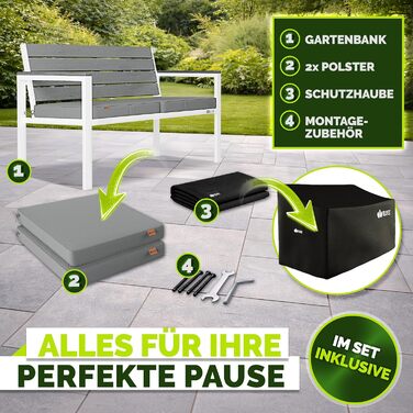 Садова лавка Tillvex® 3-4 місця з подушками та чохлом, вулична, стійка до погодних умов, деревоподібна, до 300 кг, сіро-біла (130 см)