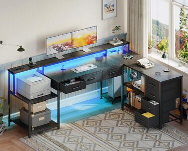 Ігровий стіл Coleshome з 7 висувними ящиками та великим об'ємом зберігання, кутовий стіл з RGB LED підсвічуванням, реверсивний L-подібний стіл з 2 розетками, ідеальний для офісу та ігор, 179.5×135.5 см, білий/чорний