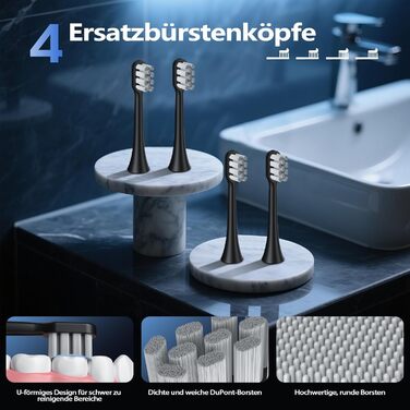 Електрична звукова зубна щітка з 4 насадками та 5 режимами, 50000 VPM, IPX7, таймер 2 хвилини, чорна