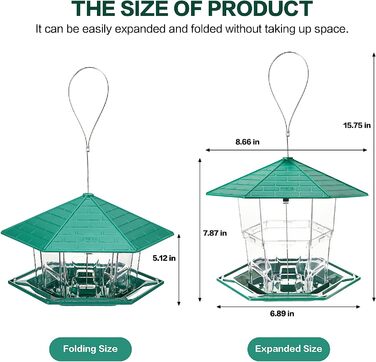 Підвісна годівниця для птахів, годівниця для птахів складаний годівниця для птахів, вольєр для диких птахів Підвісний годівниця для птахів захист від атмосферних впливів, годівниця для птахів для саду, балкона, патіо (зелений)