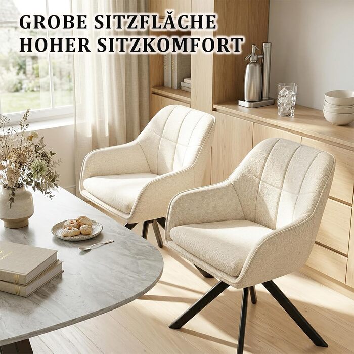 Набір обідніх крісел, сірий, з підлокітниками, з м'яким сидінням, поворотні, для кухні та вітальні (2 шт., кремово-білий)