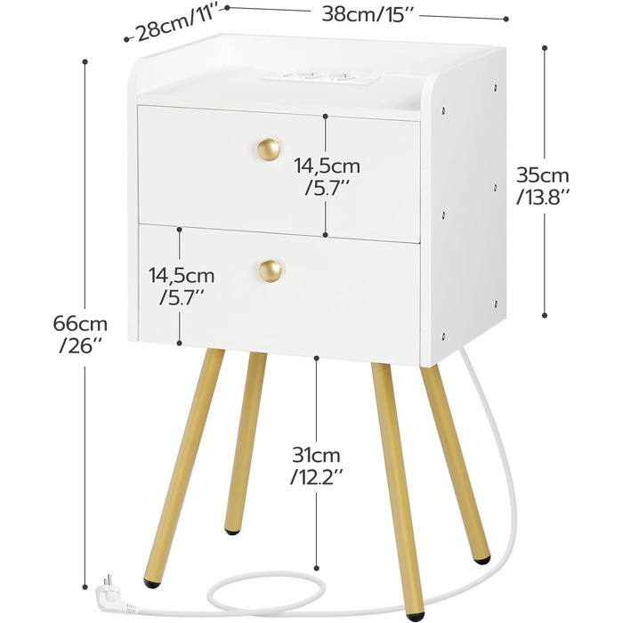 Приліжкова тумбочка HOOBRO із зарядною станцією, 2 відкидні ящики, відкрита полиця, 28x38x66, білий і золотий