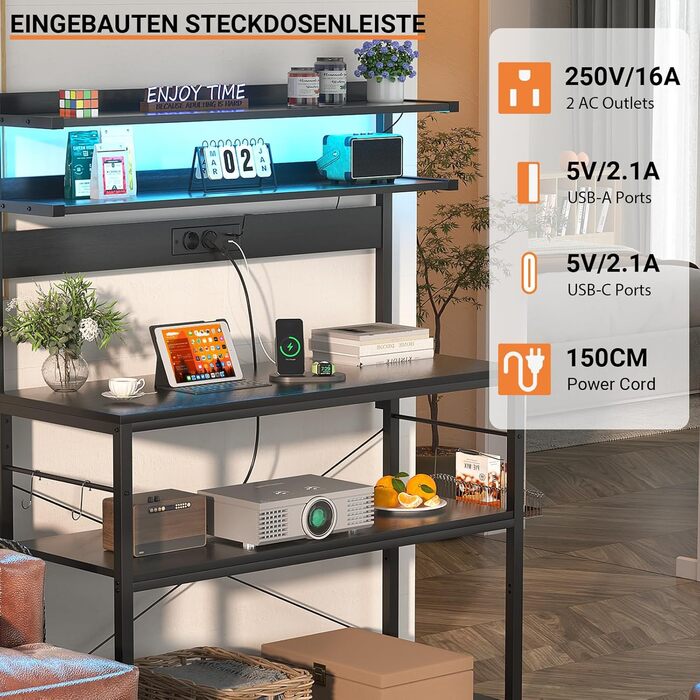 Кухонна полиця-стійка з розеткою, підставка для мікрохвильовки, 5-рівнева кавобар з LED-підсвічуванням, полиця для спецій, каструль та сковороди (80 см, чорний)