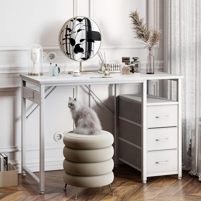 Комп'ютерний стіл ODK з 3 висувними ящиками, 100x48x75.5 см, з розетками та USB, білий. Перевертається, для дому та офісу