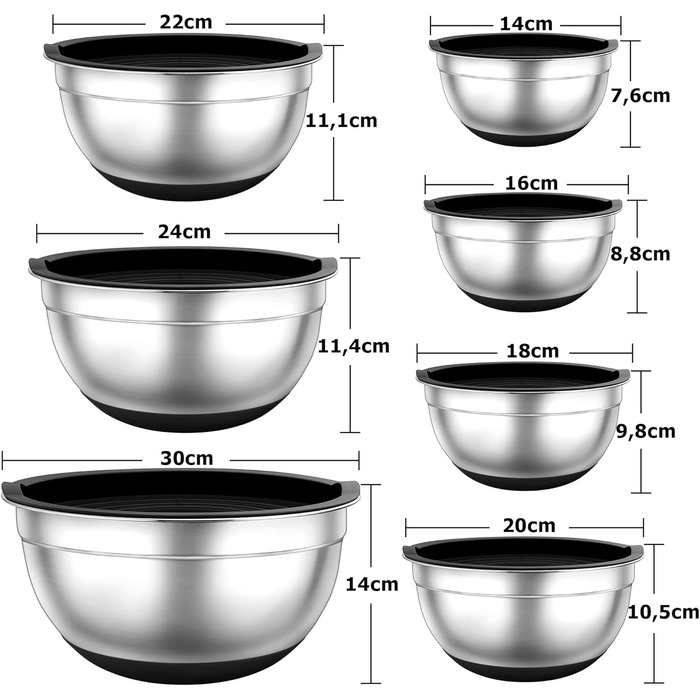 Набір місок TEAMFAR 7 шт., нержавіюча сталь, з кришками та силіконовим дном, 0,7L - 6,5L, чорний